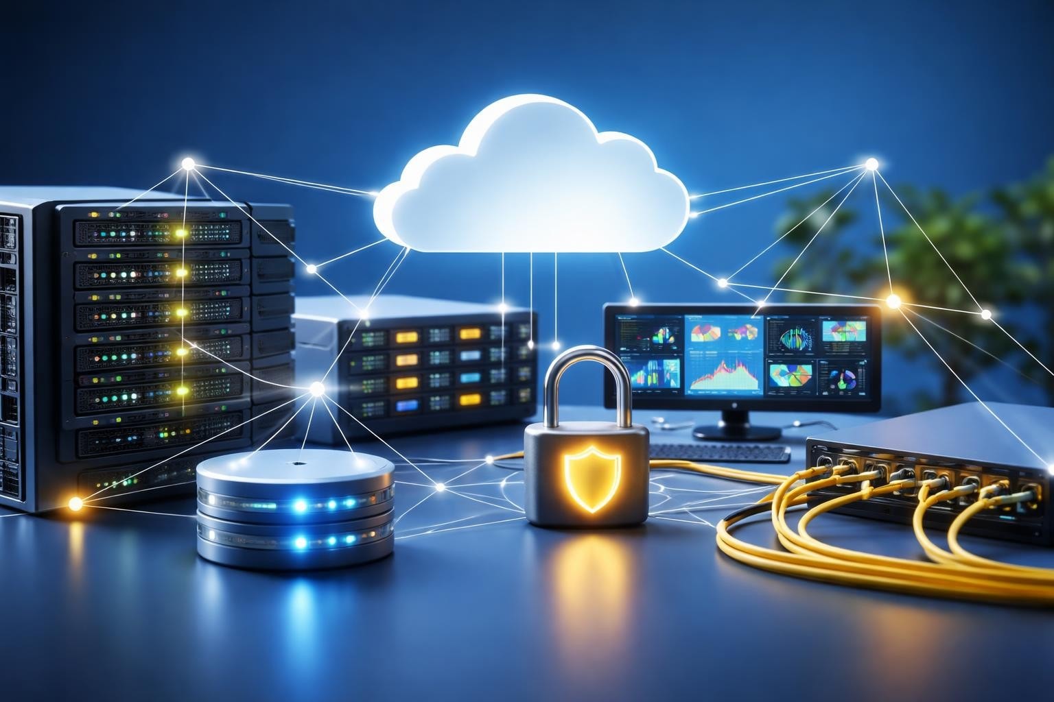 Cloud computing concept with servers, network cables, a security lock, and data analytics screens for managed IT services.