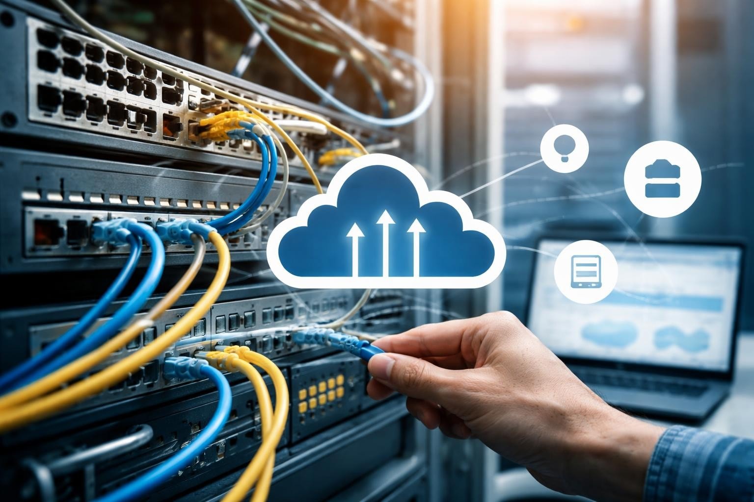 Hand connecting network cables to server with cloud computing icons, illustrating managed IT and network support in Calgary.