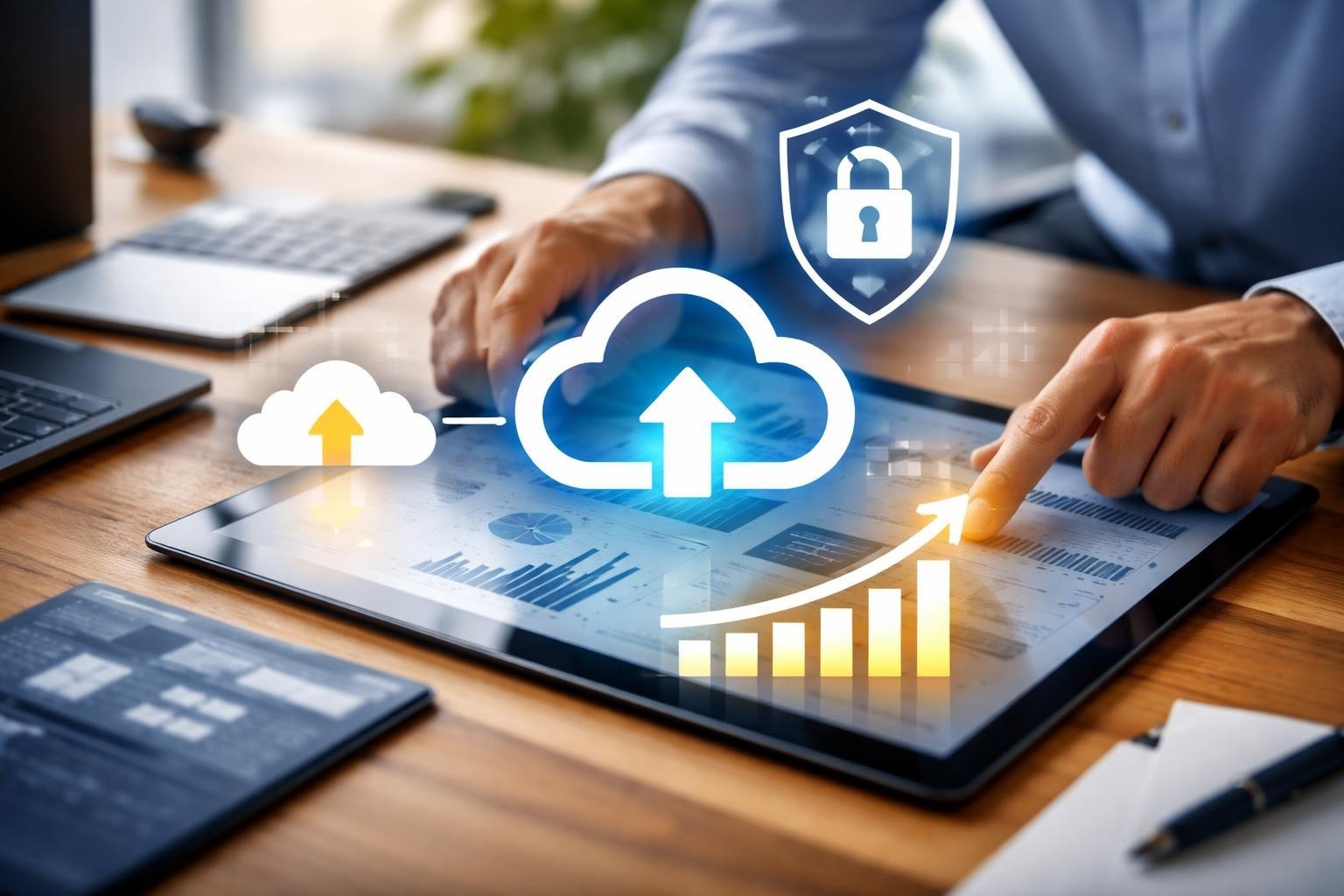 Person using tablet with cloud upload, cybersecurity icons, and business growth graph for IT consulting in Calgary.