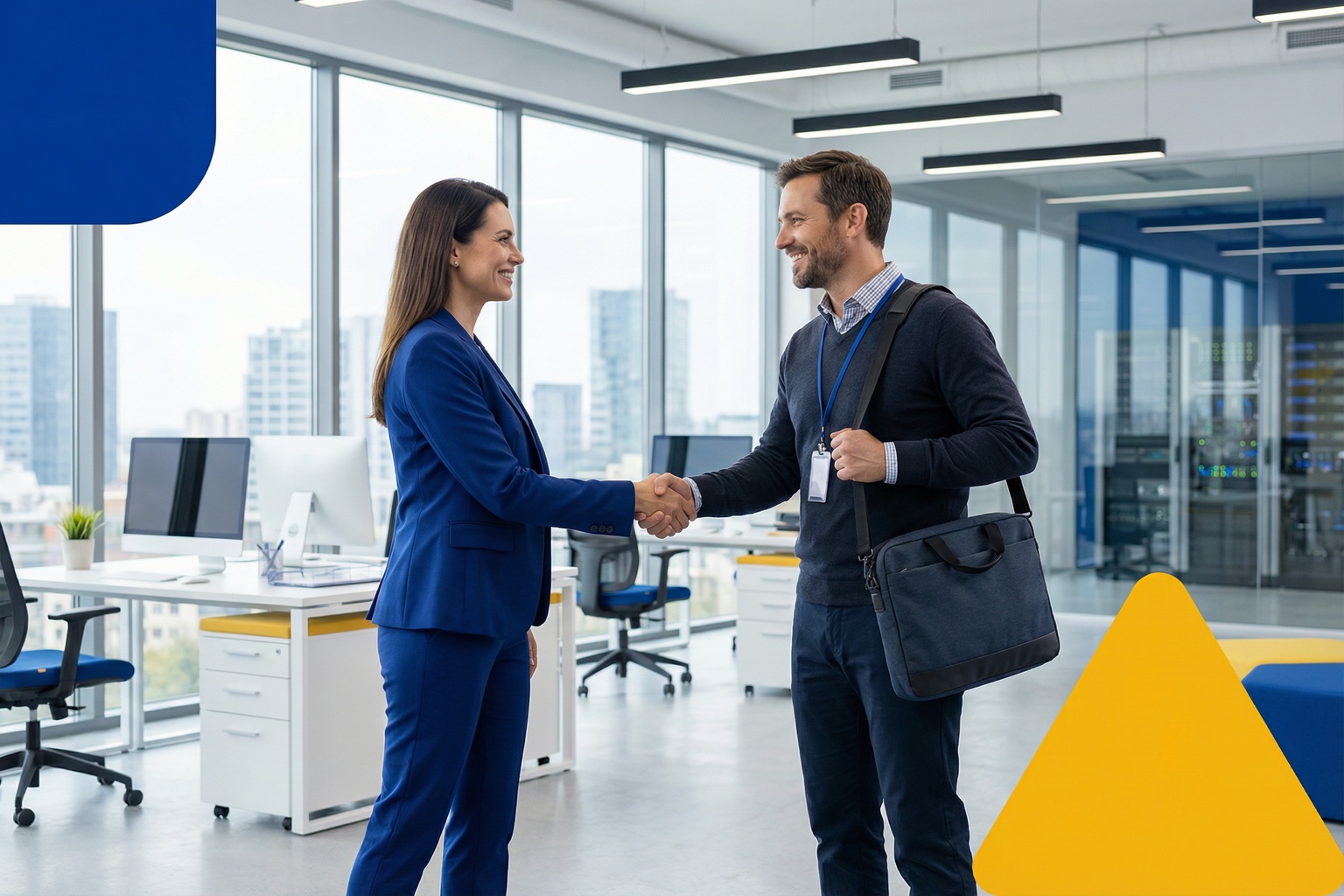 Business professional shaking hands with IT partner in modern office - outsource IT services partnership