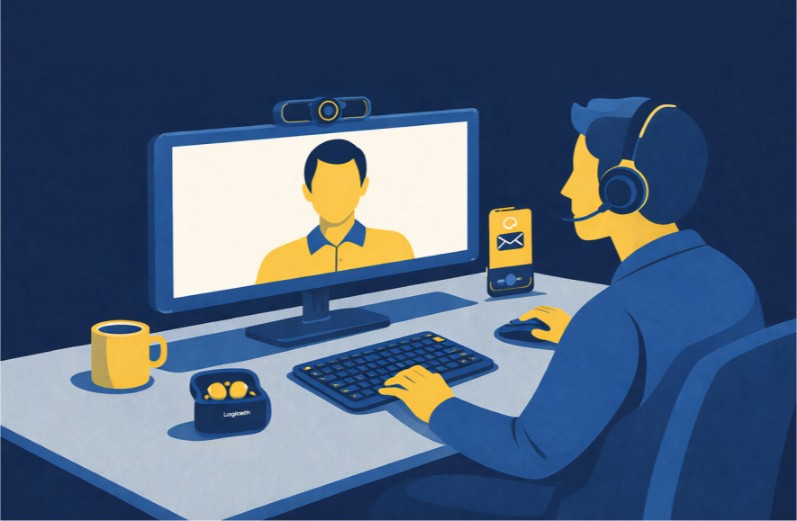Illustration of a person using Logitech headset, keyboard, and earbuds for remote work and virtual collaboration.