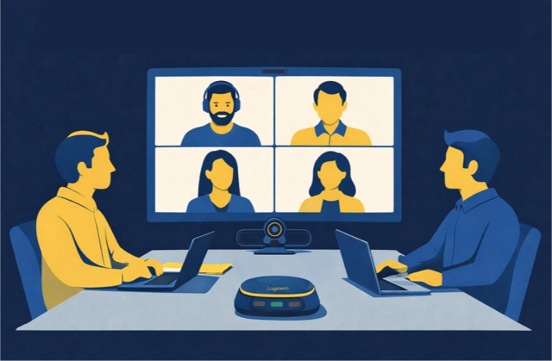 Illustration of two people using Logitech video conferencing tools in a modern meeting room for SMB collaboration.