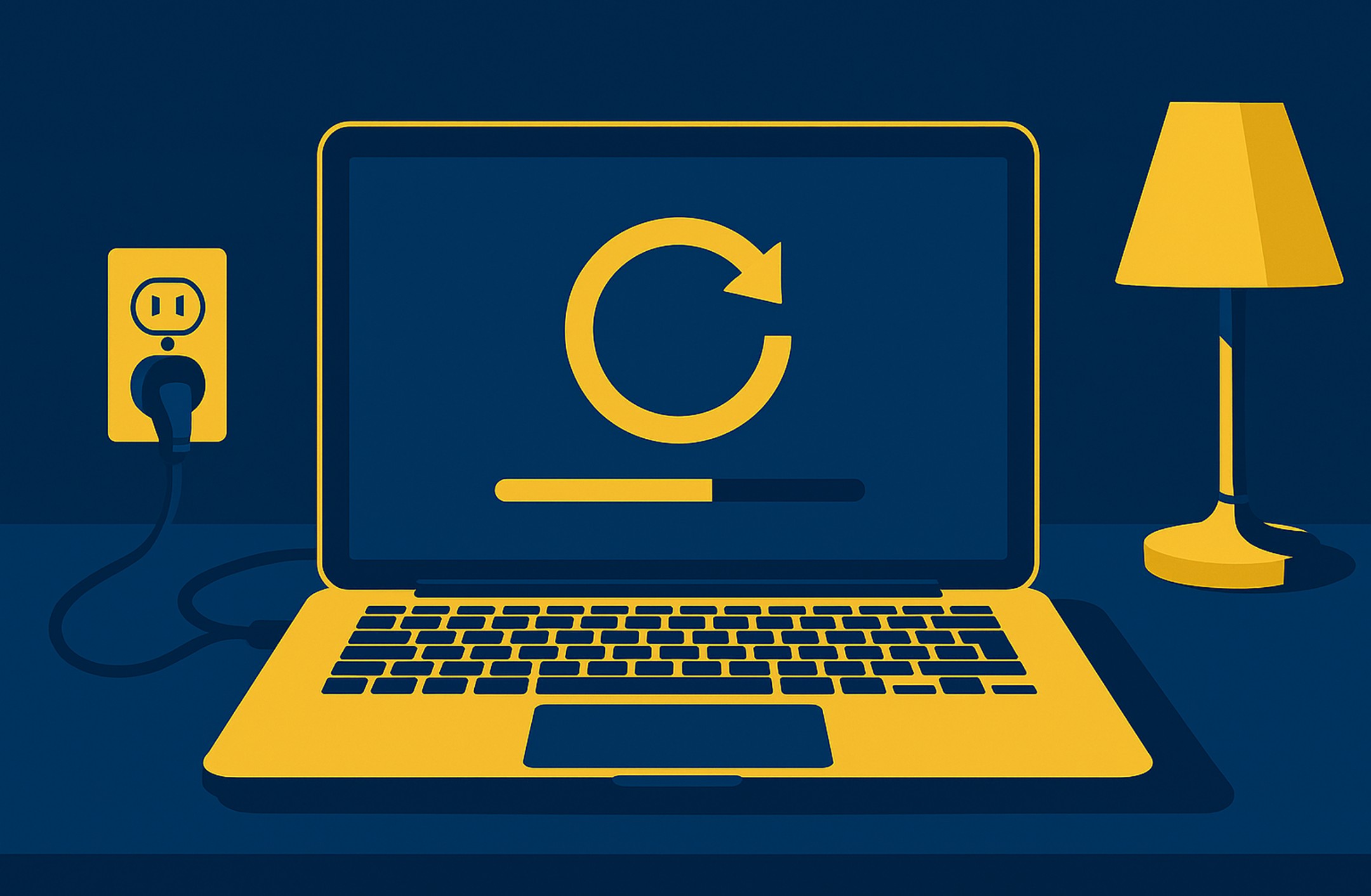 Illustration of a laptop rebooting with a progress bar, power plug, and desk lamp, symbolizing Windows performance and sec...
