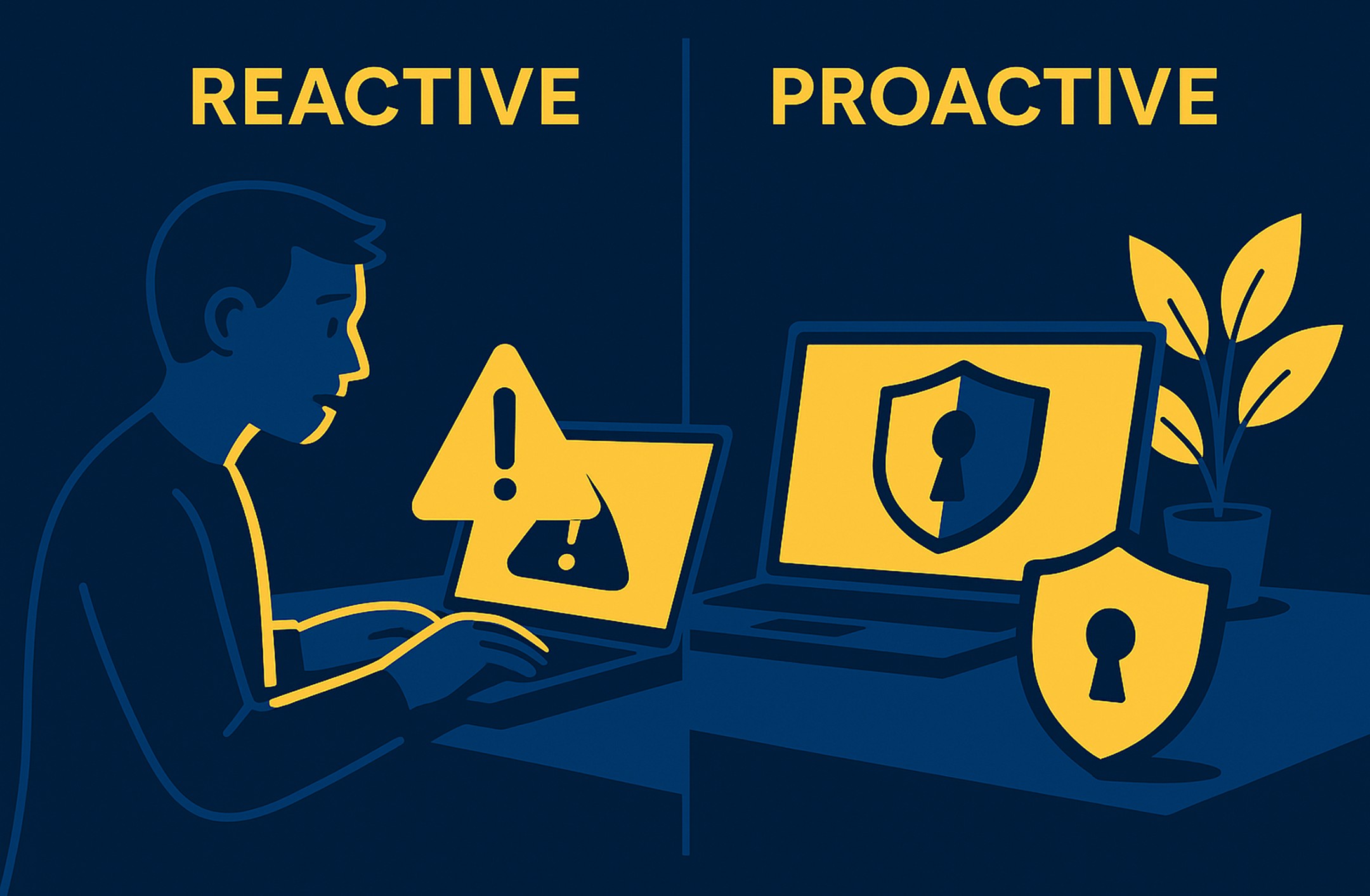 Illustration contrasting reactive computer security with warning alerts and proactive security with shield icons on laptop...