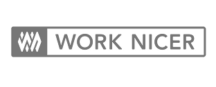 Work Nicer client logo displayed on IT services company website in grayscale design.