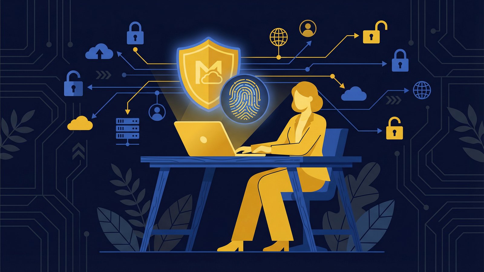 Illustration of Microsoft Entra ID cloud identity and access management with security shield and fingerprint verification