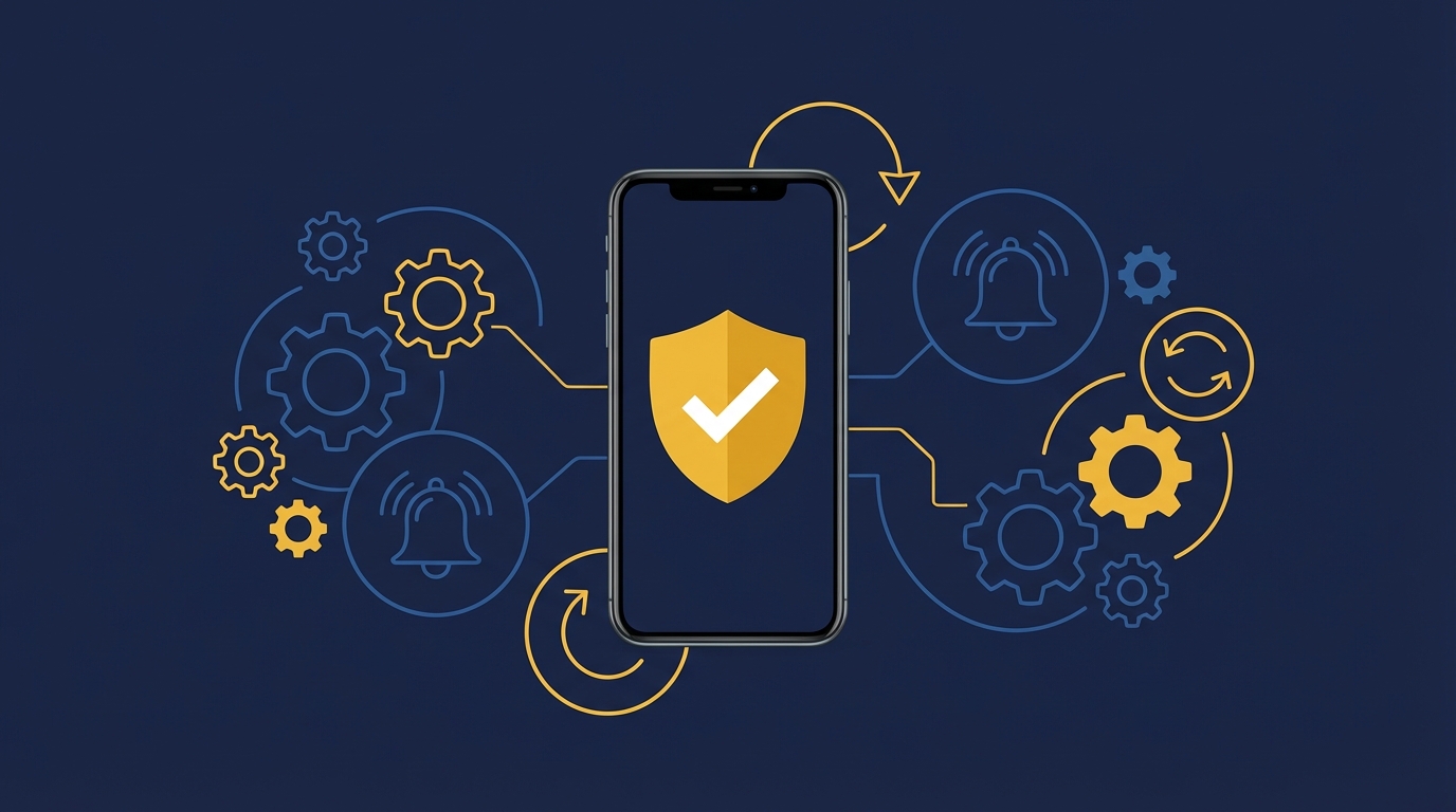 Microsoft Authenticator app troubleshooting - flat vector illustration showing a smartphone with authentication shield icon surrounded by gear and notification icons on dark navy blue background