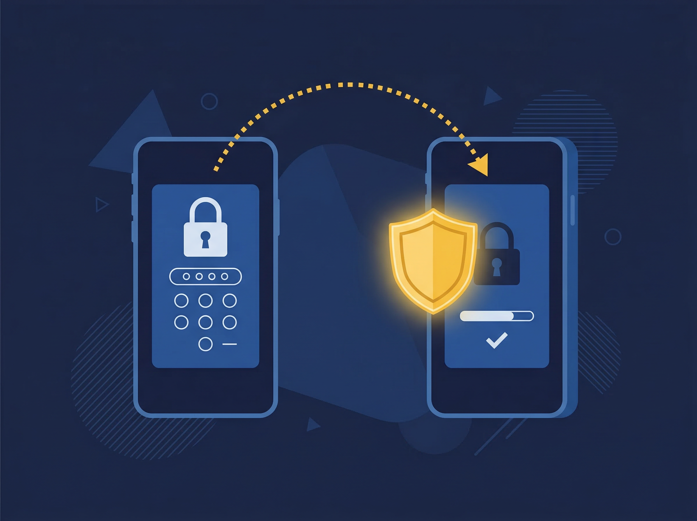 Flat vector illustration showing Microsoft Authenticator transfer between two smartphones with a golden shield icon