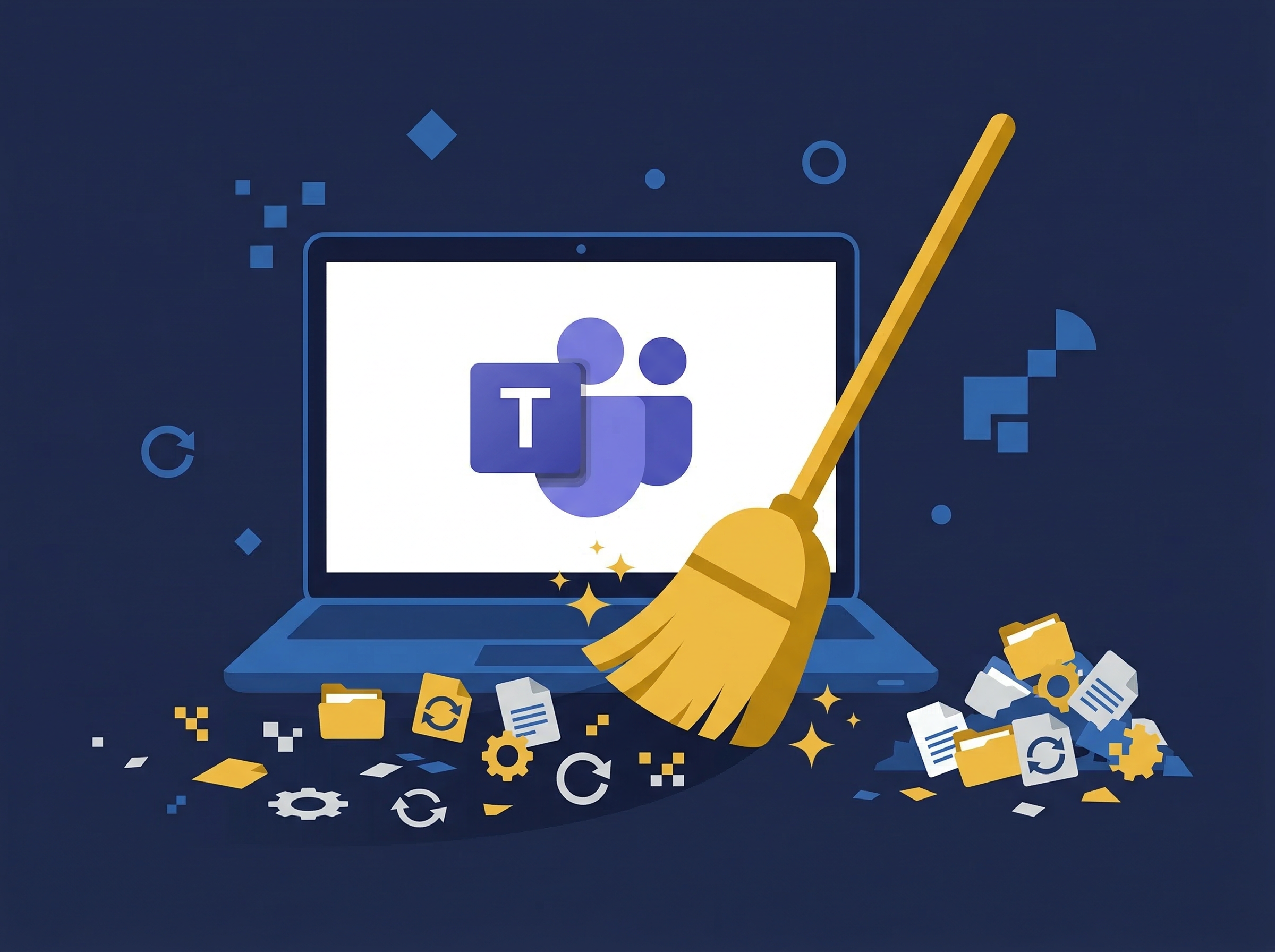 Flat vector illustration of a laptop showing Microsoft Teams with a golden broom sweeping away cache files