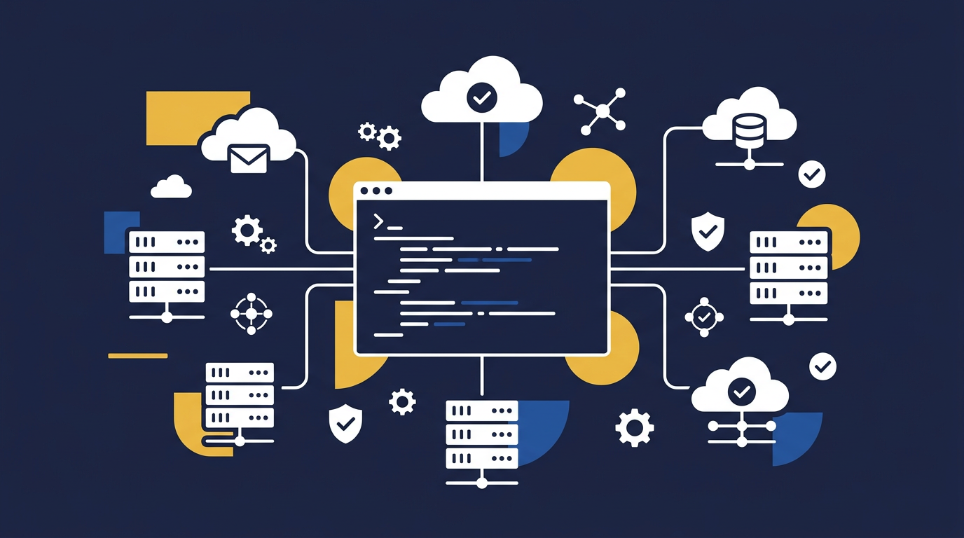 Minimalist flat vector illustration showing PowerShell terminal and Exchange Online email server icons on dark navy background with gold accents