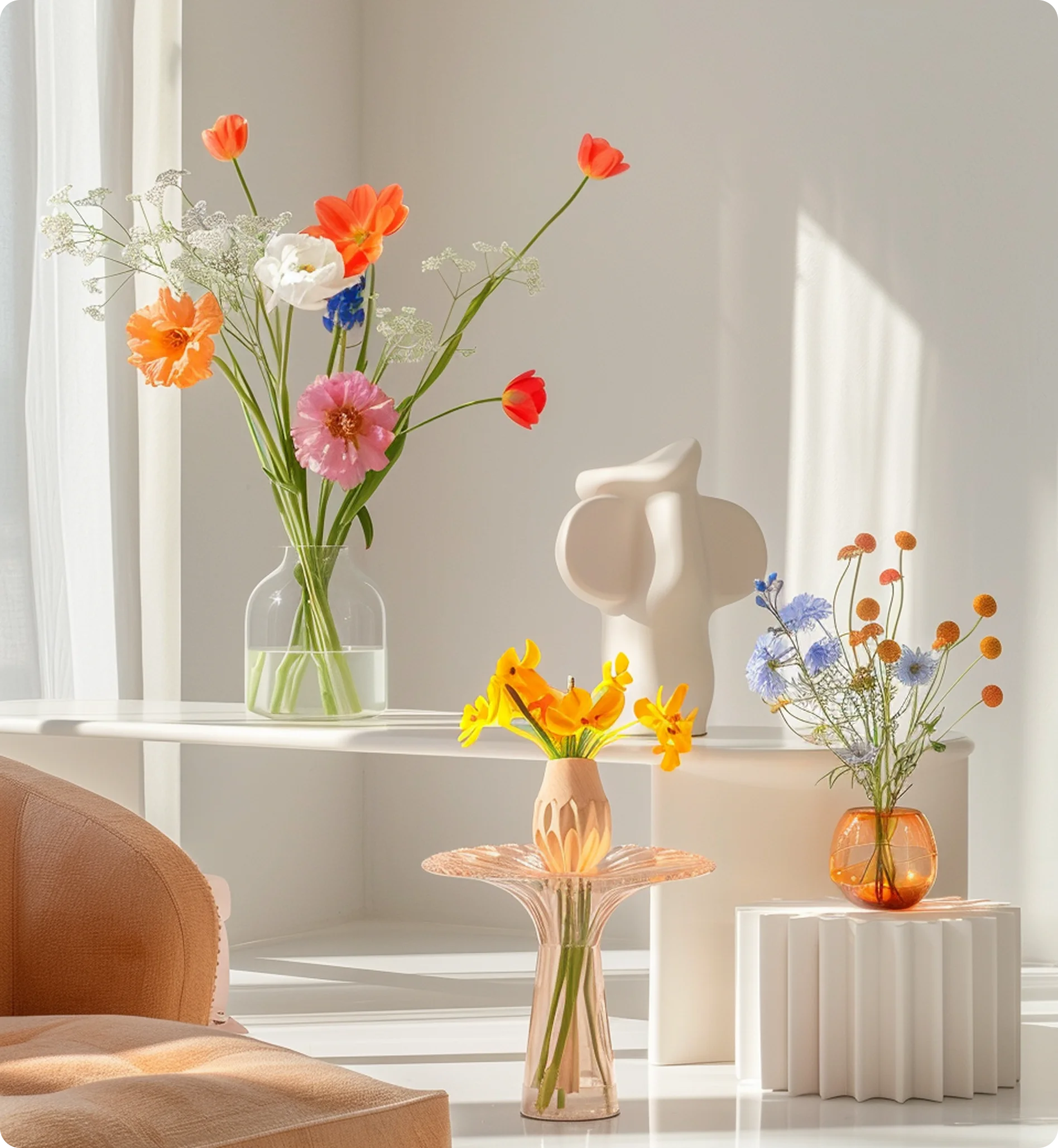 Bright modern interior with three vases holding colorful flowers on white surfaces next to a light brown sofa and abstract white sculpture.