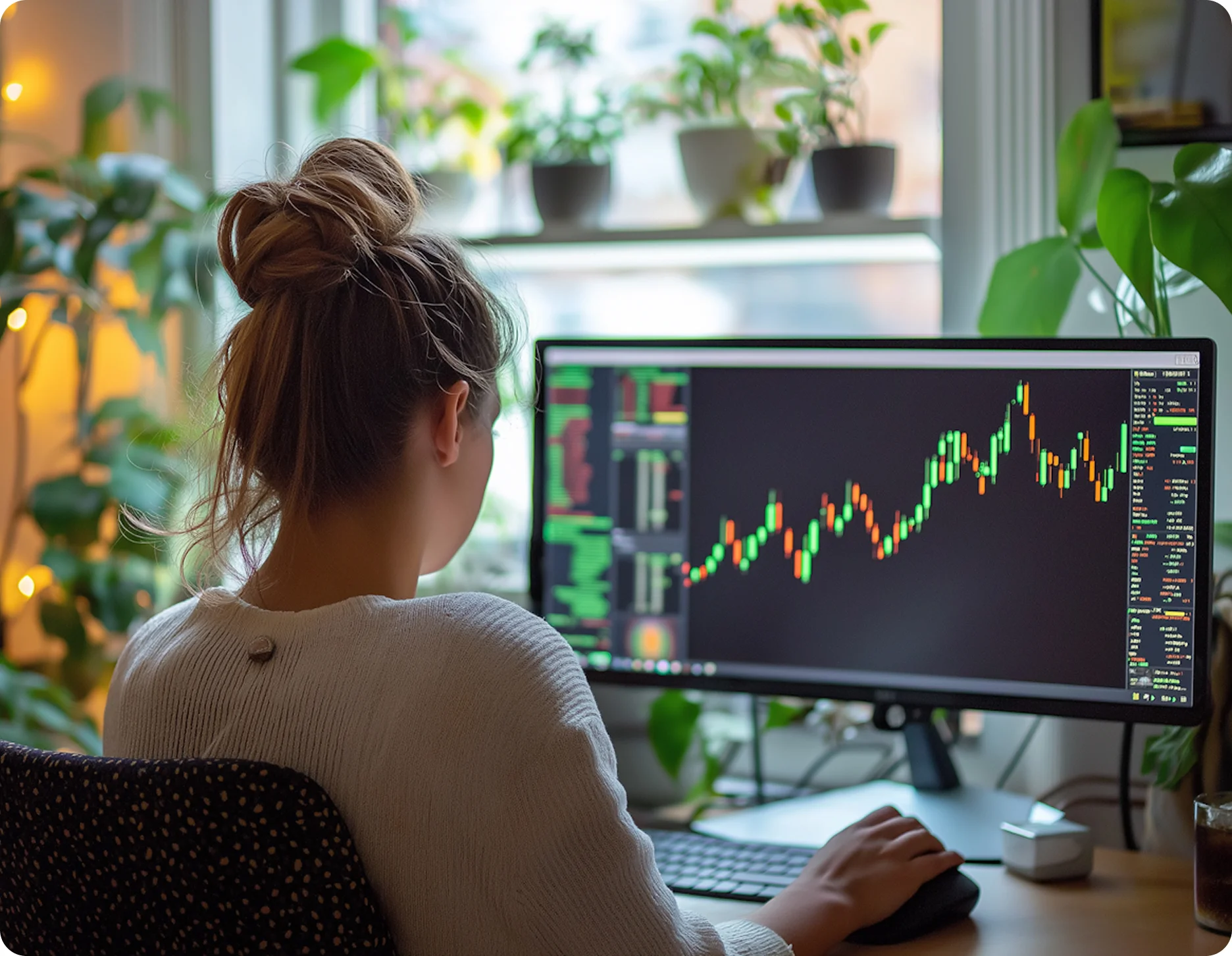 Person with hair in a bun sitting at a desk using a computer displaying a financial candlestick chart.
