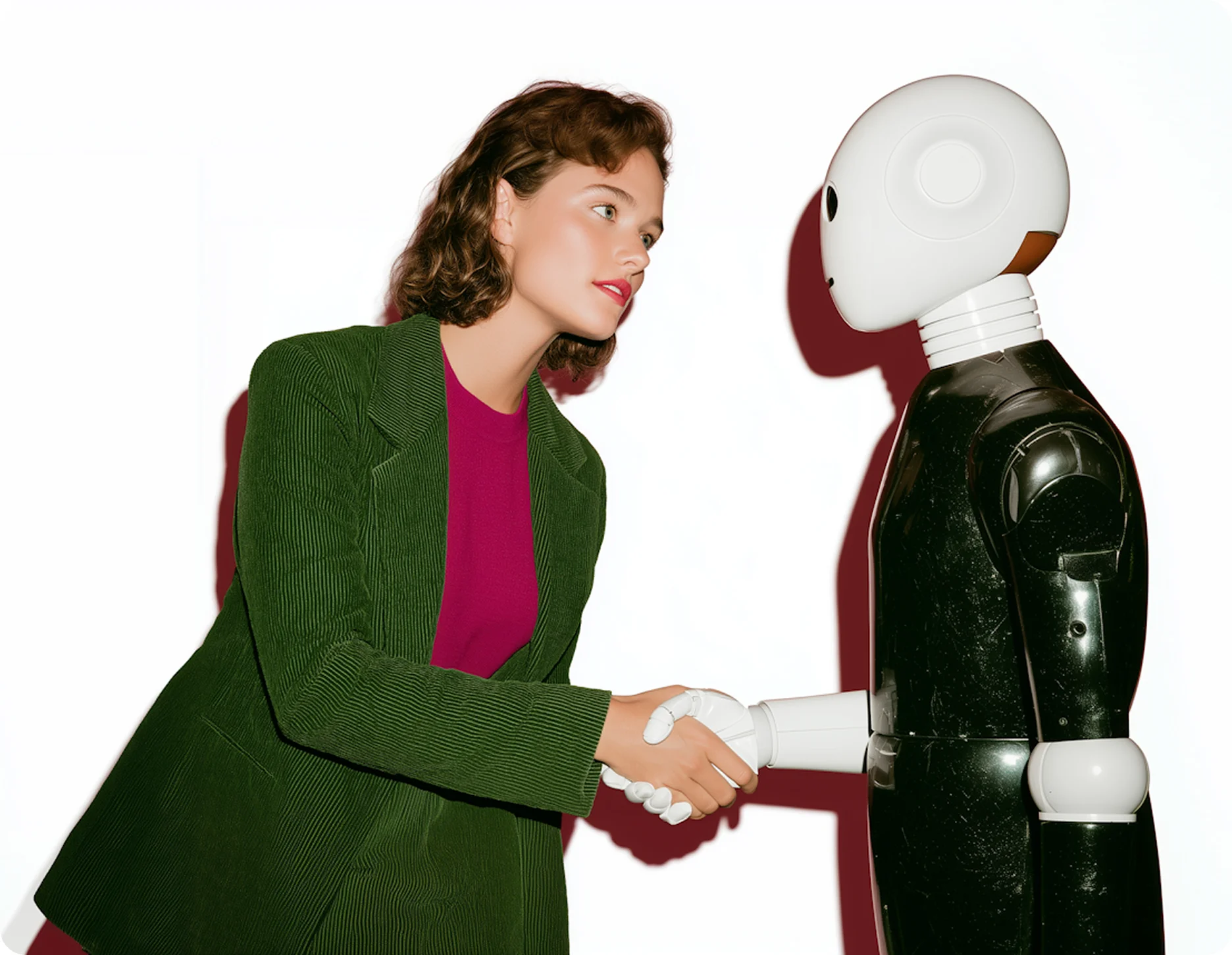 Woman in green jacket shaking hands with a black and white humanoid robot against a white background.
