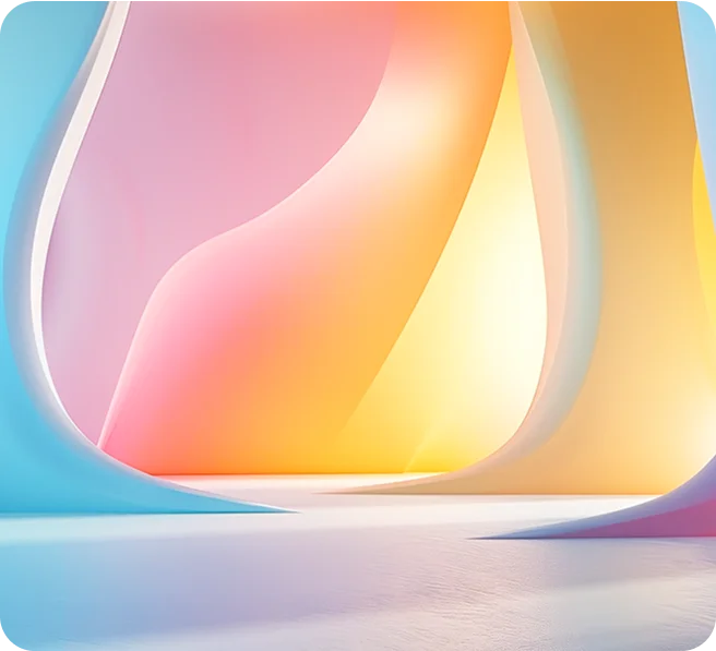 Abstract, softly curved shapes in pastel colors of blue, pink, purple, and yellow creating a smooth gradient and glowing effect.