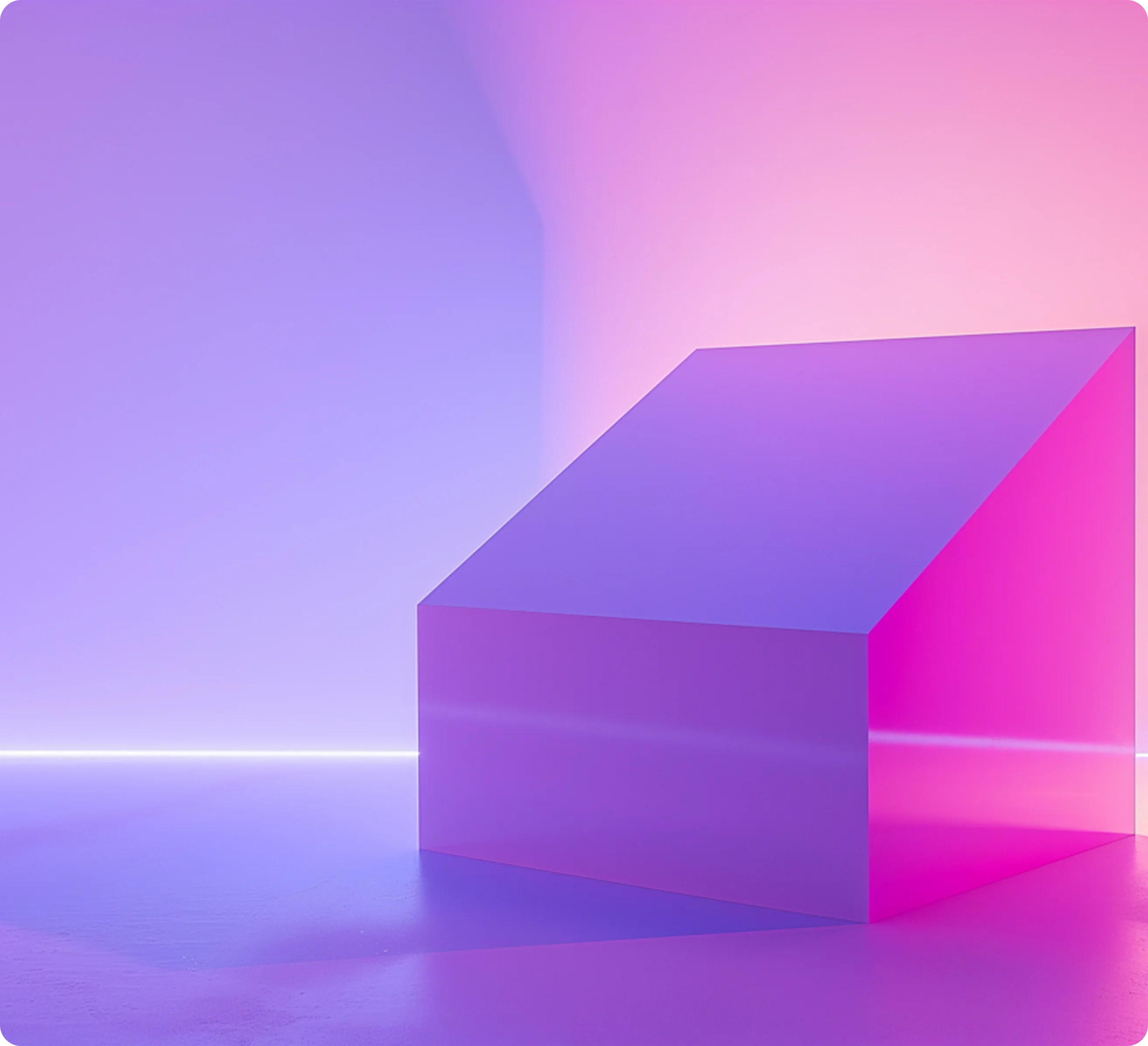 Purple and pink translucent rectangular prism on a smooth reflective surface with a gradient background.