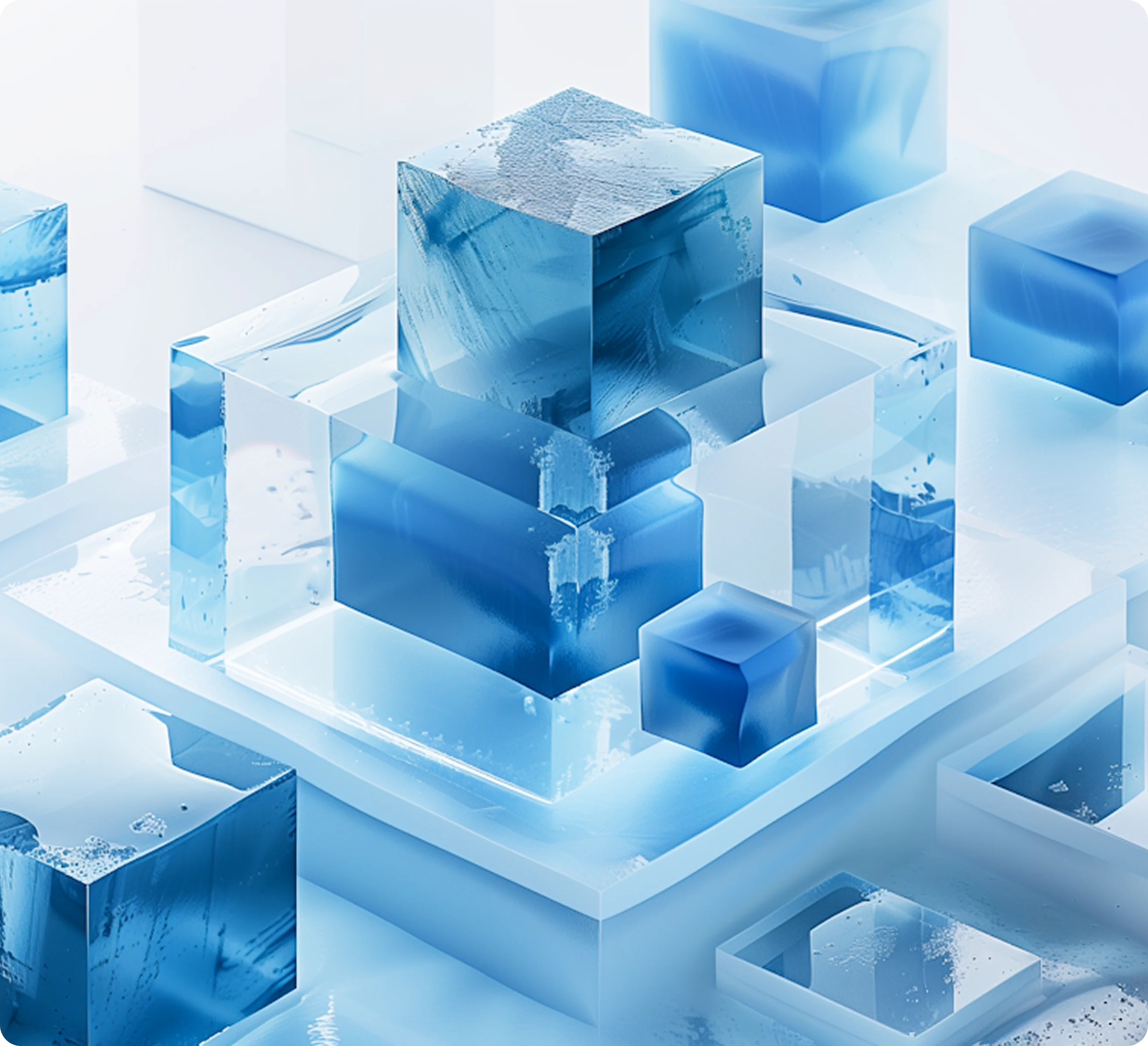 Transparent and translucent blue cubes of varying sizes stacked and arranged in a futuristic, glowing environment.