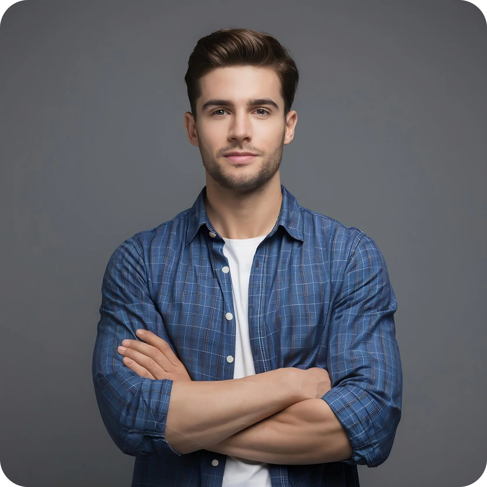 Young man with brown hair wearing a blue checkered shirt and white t-shirt, standing with arms crossed against a gray background.