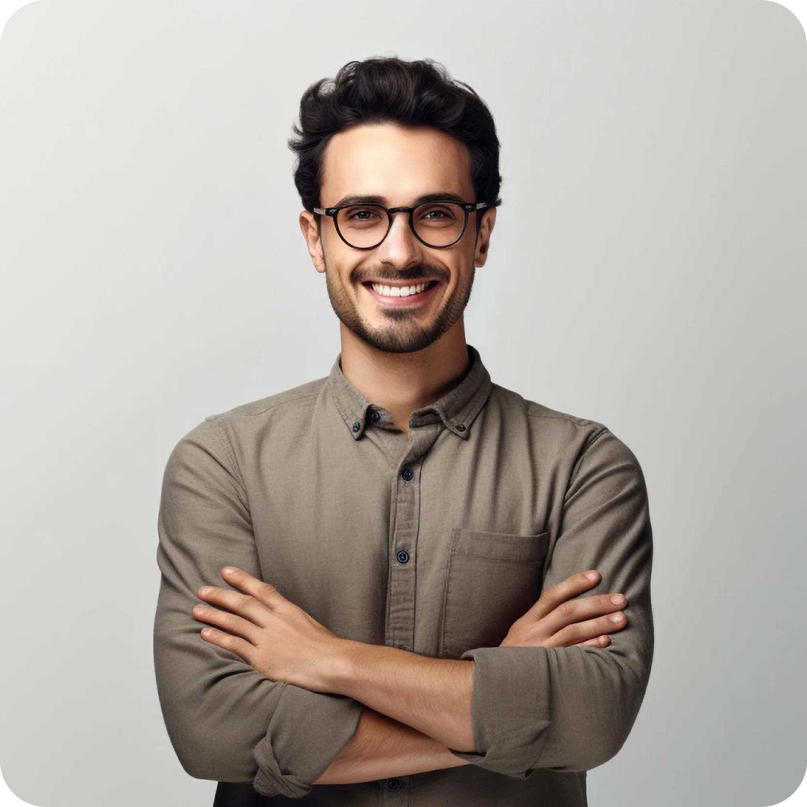 Smiling man with glasses wearing a button-up shirt with arms crossed against a light gray background.