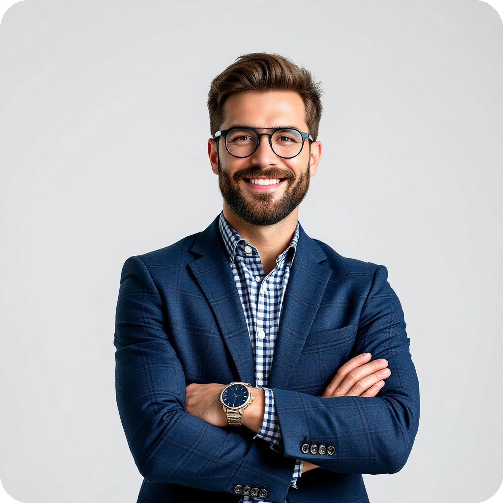 Smiling man with beard and glasses wearing a blue blazer and checkered shirt, arms crossed.
