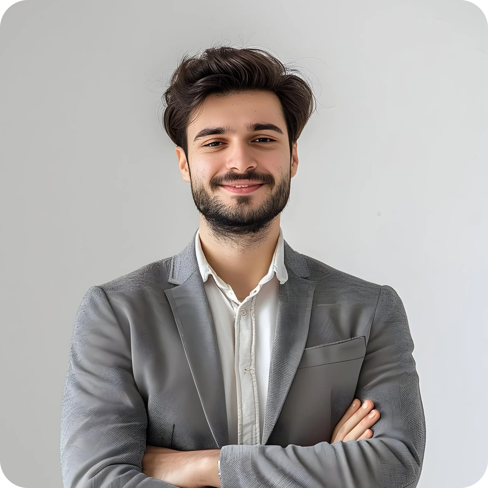 Confident young man with dark hair and beard wearing a gray blazer and white shirt, smiling with arms crossed.