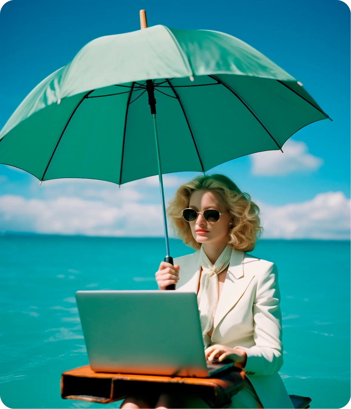 Woman in a white suit and sunglasses holding a green umbrella while working on a laptop near turquoise water under a clear blue sky.