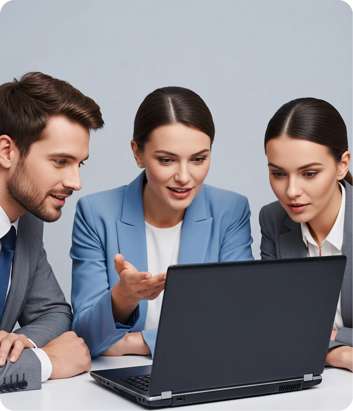 Three business professionals, two women and one man, attentively looking at a laptop screen while discussing.
