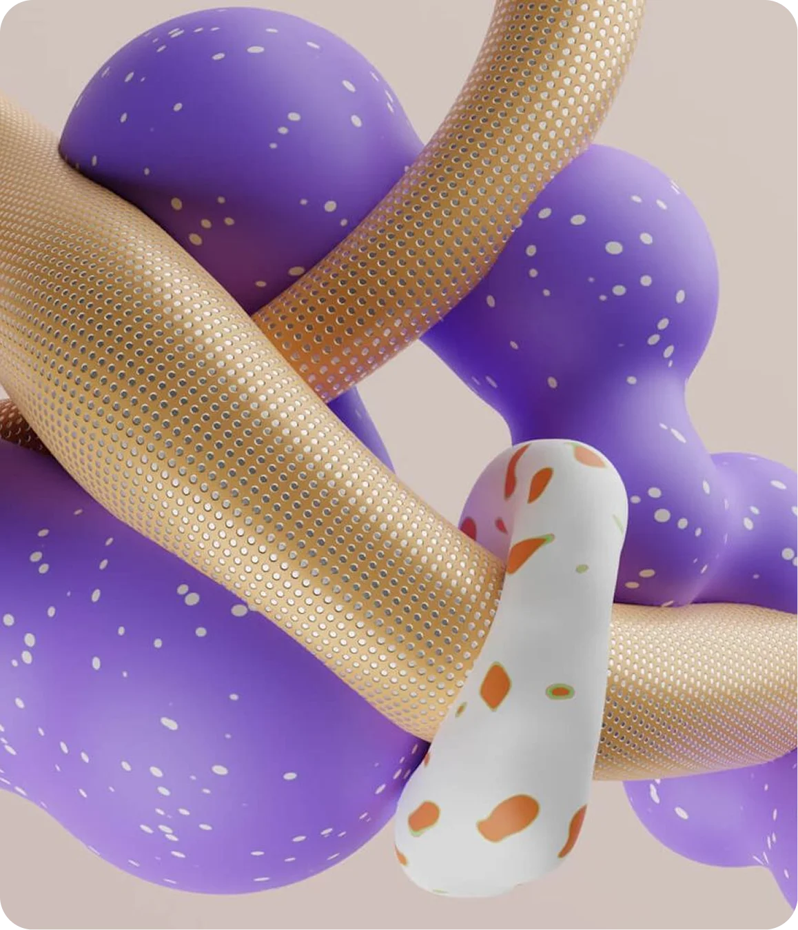 Abstract 3D shapes with intertwined yellow perforated tubes, purple blobs with white spots, and a white spotted irregular form on a beige background.