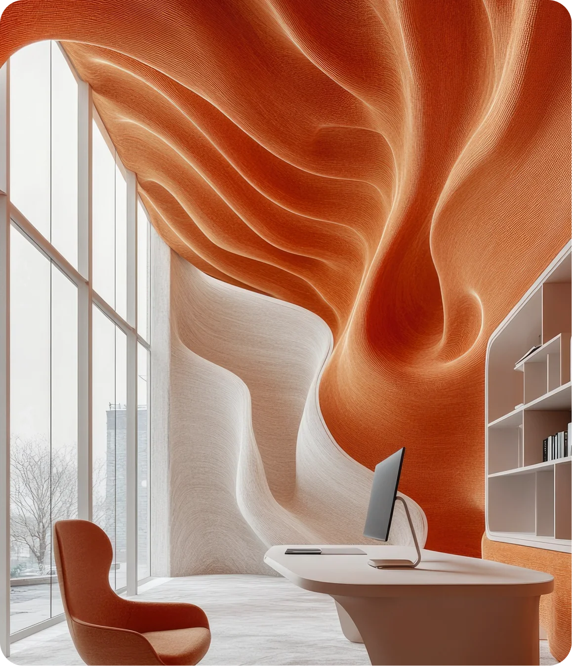 Modern office with a flowing orange and white sculptural ceiling, curved desk, orange chair, and tall windows.