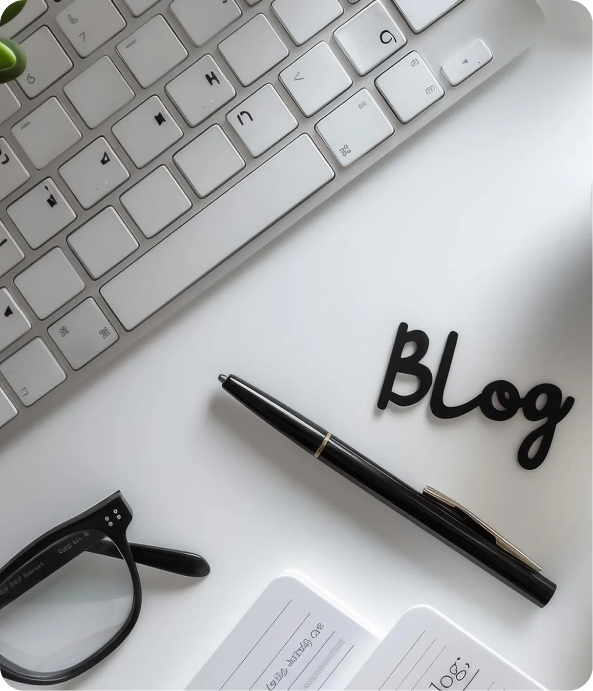 Desktop setup with a white keyboard, black pen, eyeglasses, and the word 'Blog' in black on a white surface.