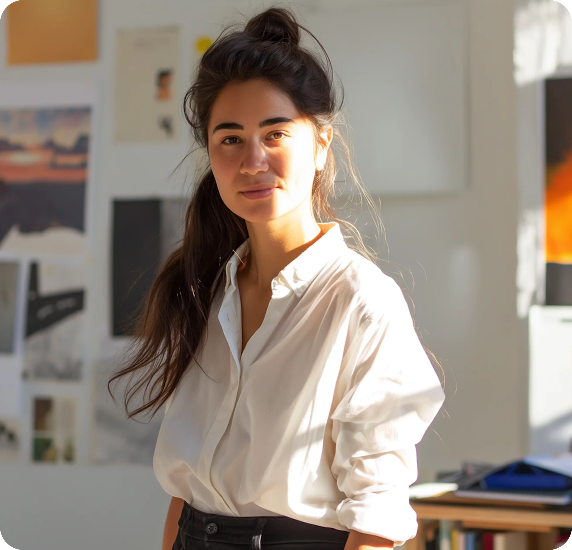 Young woman with long dark hair in a white blouse standing in a sunlit room with art on the walls.