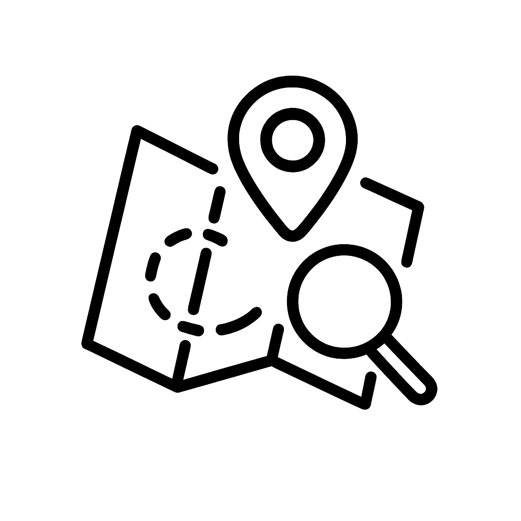 Icon of a map with a location pin, a dashed route, and a magnifying glass over it, representing navigation or map search.