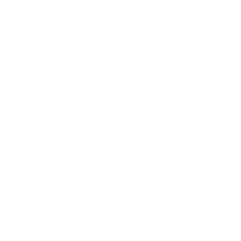 White outlined icon of a map with a location pin, dashed route, and magnifying glass, symbolizing search or navigation.