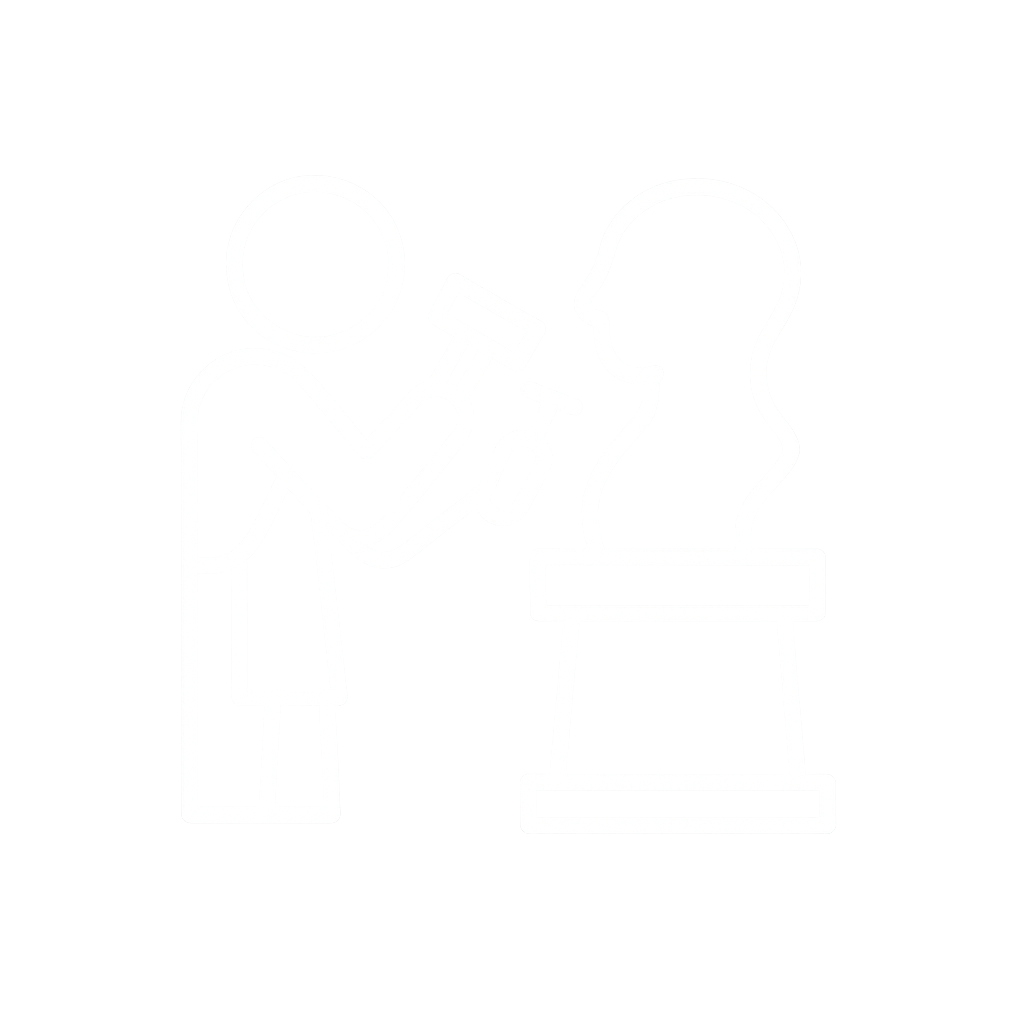 White outlined icon of a sculptor chiseling a bust on a pedestal, symbolizing creativity, craftsmanship, or artistry.