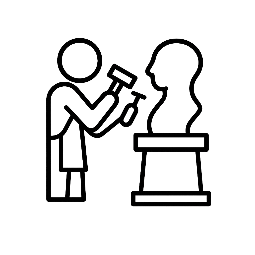 Black outlined icon of a person sculpting a bust on a pedestal, representing creativity, craftsmanship, or artistic creation.