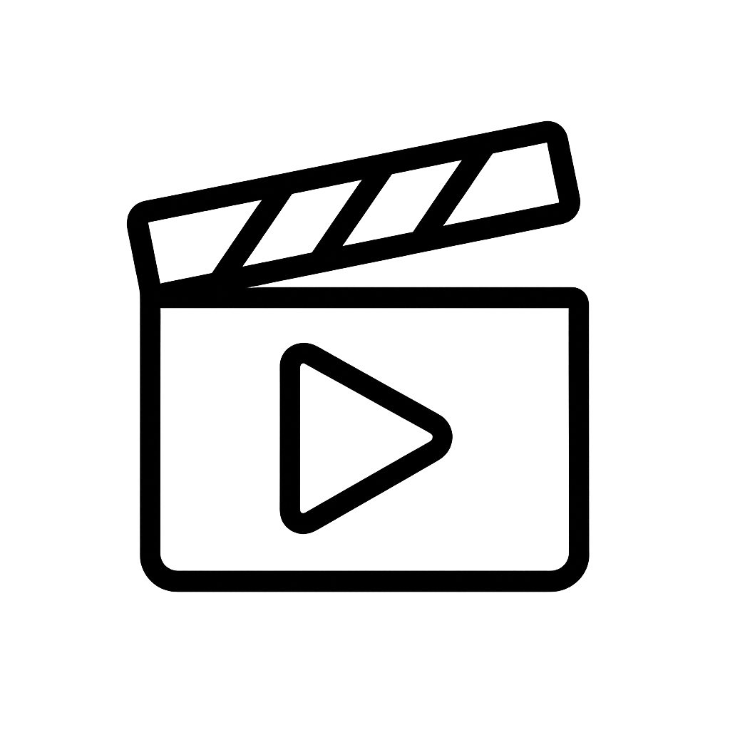 Black outlined icon of a clapperboard with a play button, symbolizing film production or video content.