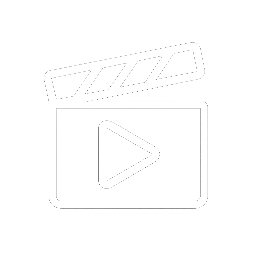 White outlined icon of a clapperboard with a play button, representing video creation, film production, or multimedia content.
