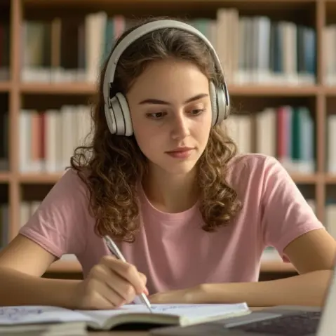 Young woman wearing headphones studying at a library table, taking notes while looking at a laptop