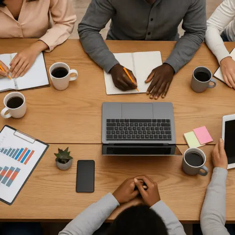 Top-down view of a diverse group of people collaborating around a wooden table with laptops, notebooks, coffee mugs, and charts