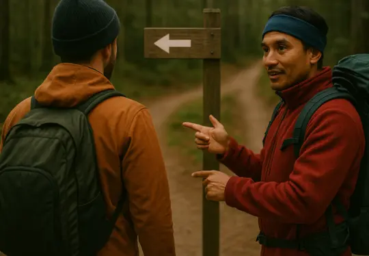 Two hikers with backpacks talking in a forest, standing by a wooden signpost pointing left