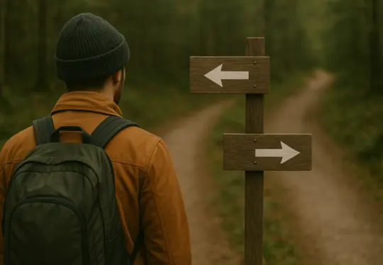 A hiker with a backpack standing at a forest fork, looking at a wooden signpost with arrows pointing left and right