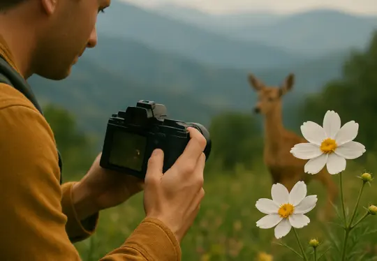 A man holding a camera in a meadow with white flowers, focusing on a deer standing in the distance against mountain scenery.