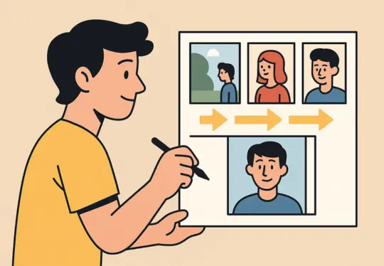 A flat-style illustration of a person drawing connected comic panels, showing characters and arrows that represent a flowing webtoon story.