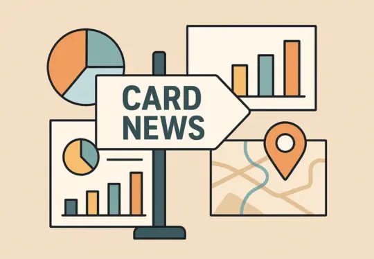 flat-style illustration of a signpost labeled 'Card News' surrounded by charts, graphs, and a map marker icon.