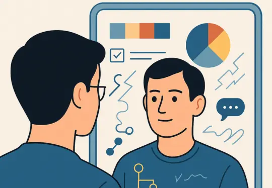 An illustrated man looking into a mirror that reflects his face along with charts, icons, and data symbols representing personality insights.