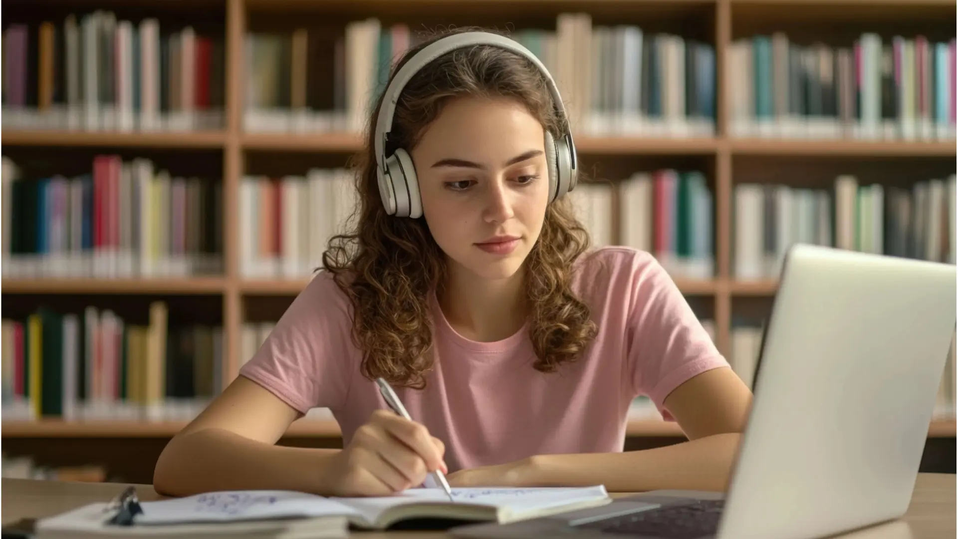 A student wearing headphones studies with a laptop and notebook in a library.