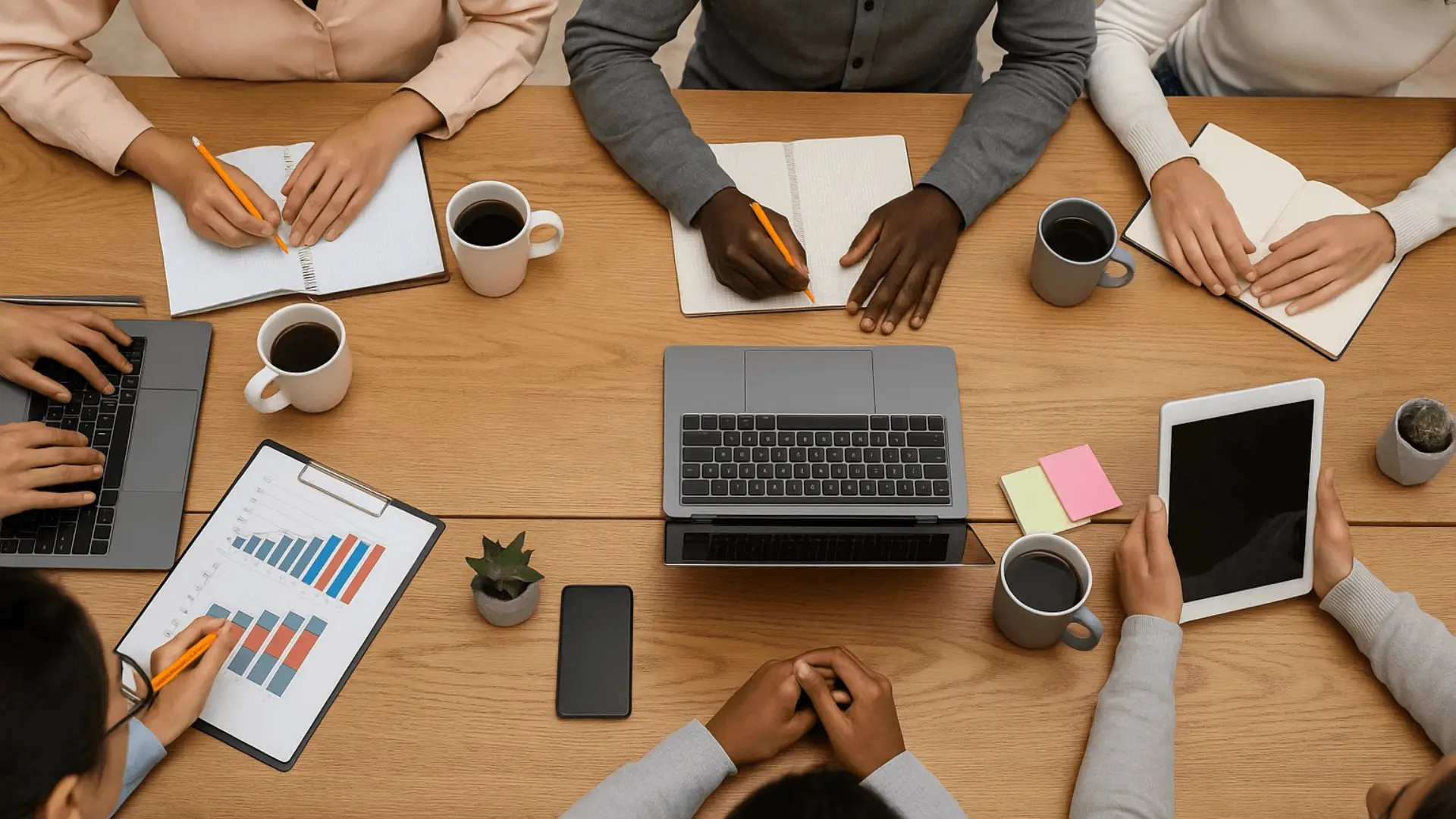 Top view of a business meeting with people working on laptops, charts, and notebooks around a table