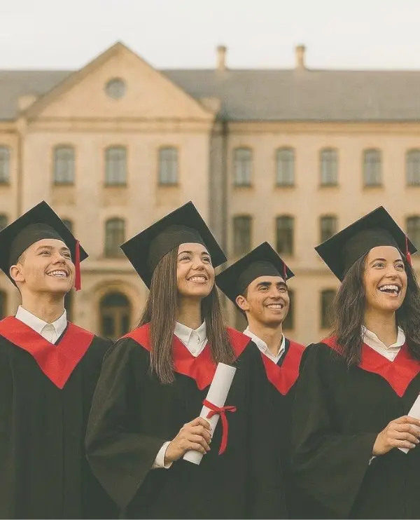 Group of college graduates in caps and gowns smiling with diplomas in hand in front of a university building.