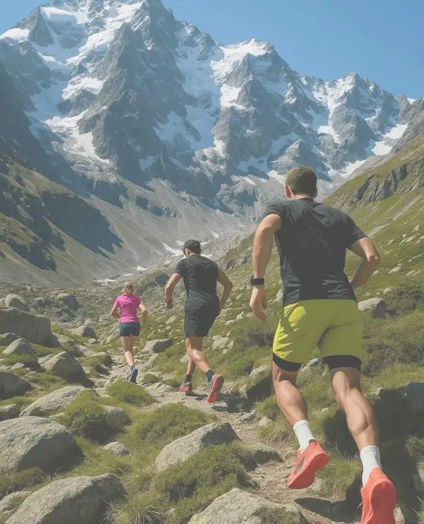 Group of trail runners ascending a rocky mountain path with snow-covered peaks in the background.