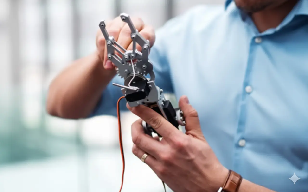 A person holding and adjusting a robotic hand, representing Mechanical & Industrial Engineering.