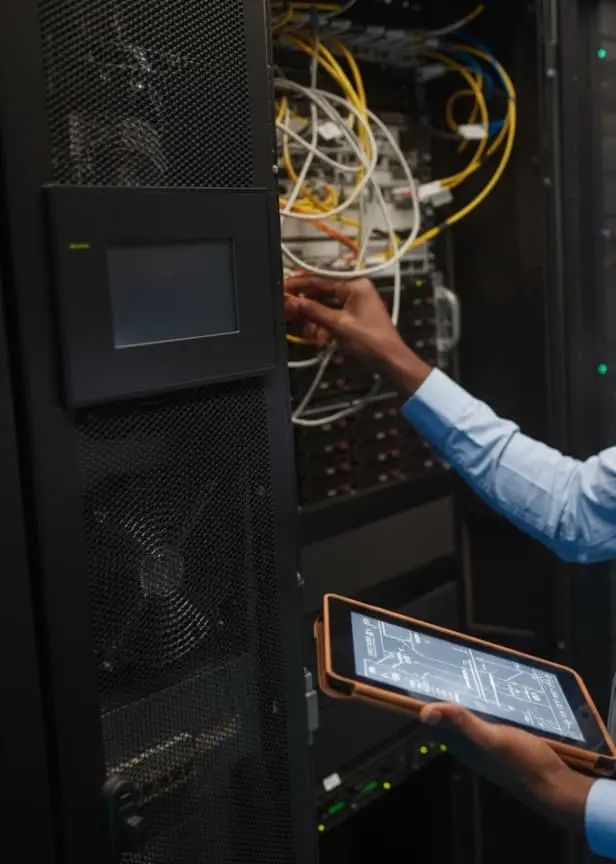 An engineer working with a server rack and tablet device, representing Data Science.